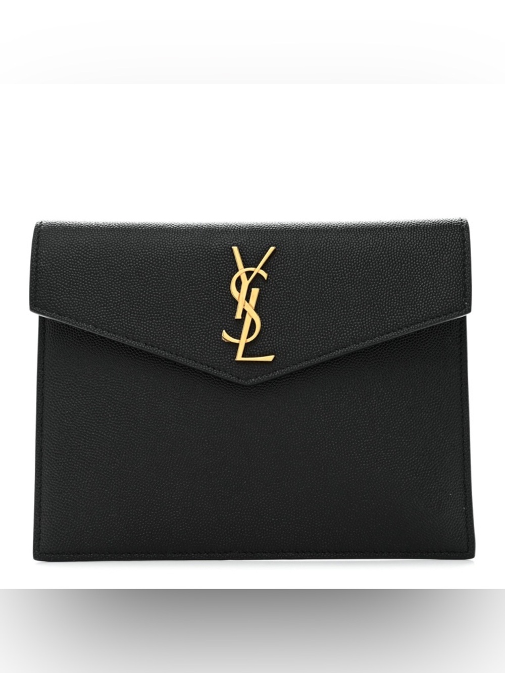Saint Laurent Black Leather Envelope Clutch with Gold YSL Emblem